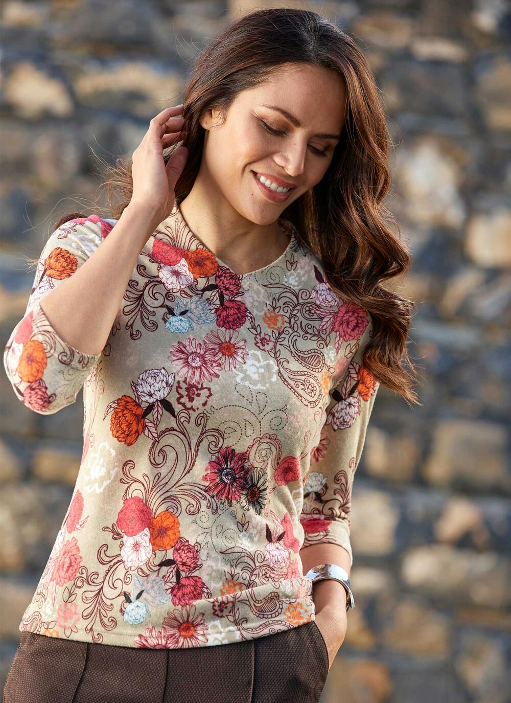 Female Honor Millburn 3/4 Sleeve Print Top Light Orange