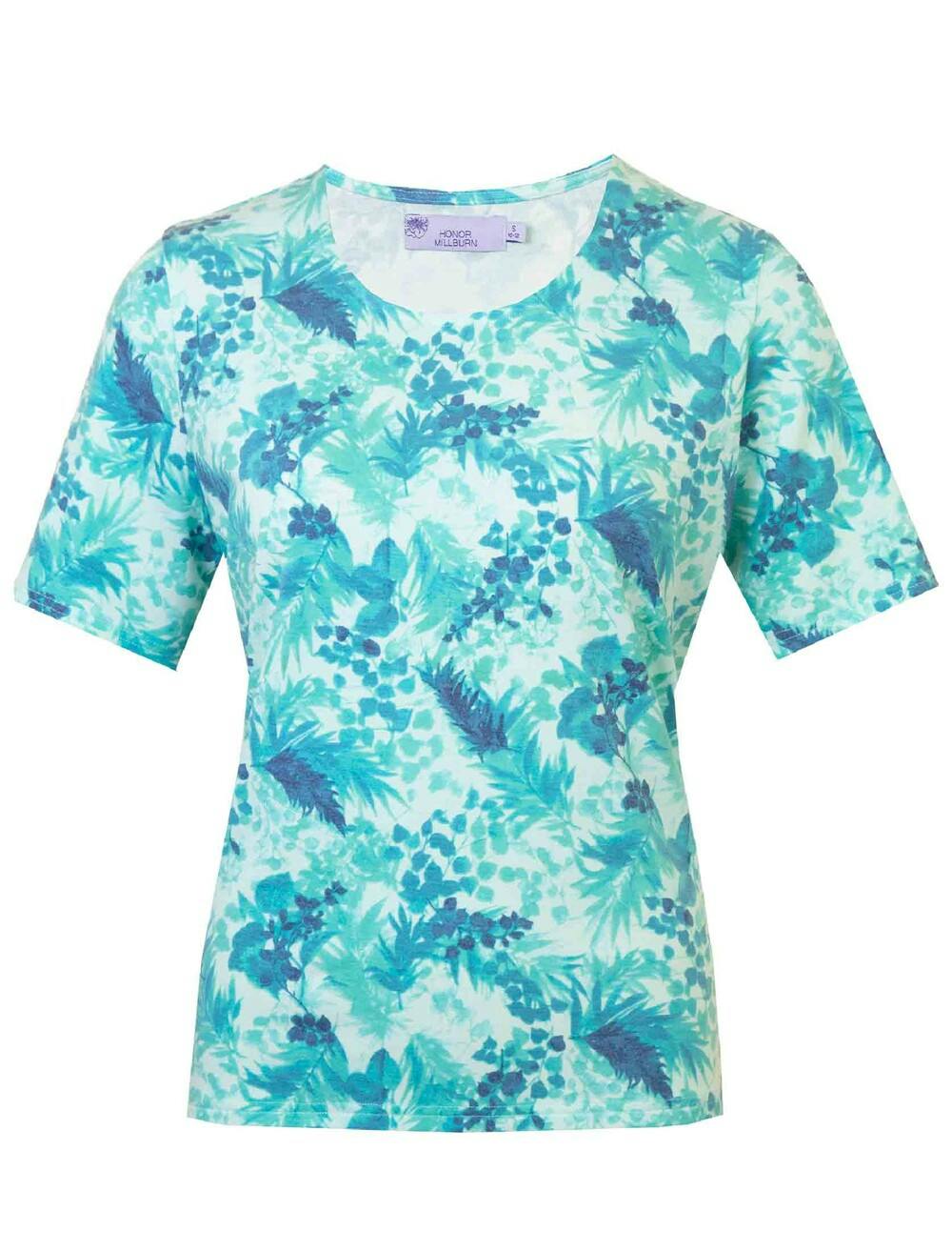 Female honor millburn print crew neck top light aqua ewm ewm