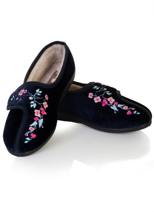 Ladies Embroidered Touch Fastening Slippers 