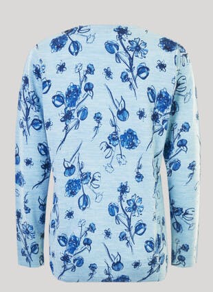 Pull en maille bleu clair à motif fleurs