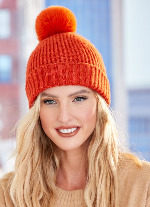 Rust Knitted Faux Fur Pom Hat 