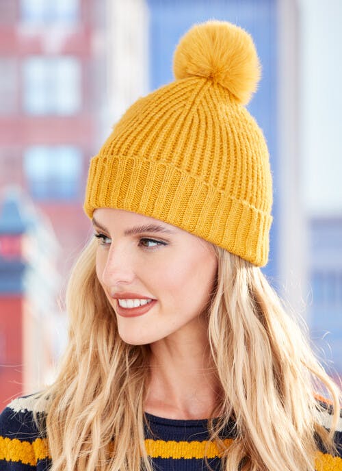 Gold Knitted Faux Fur Pom Hat 