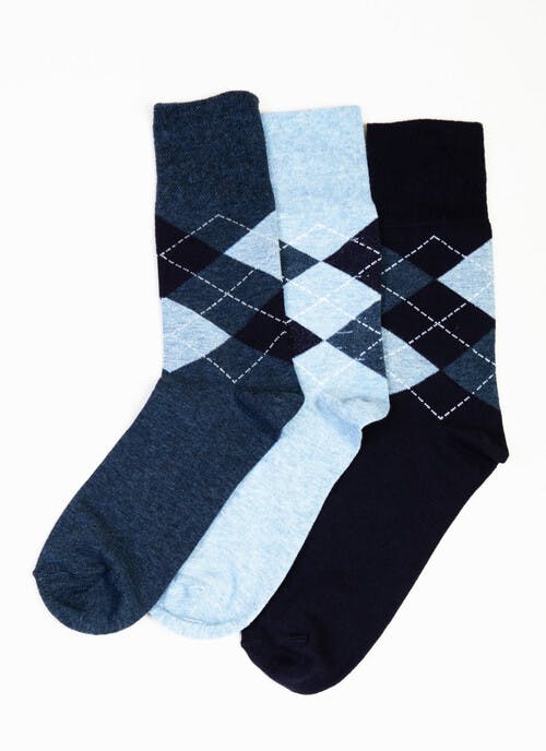 3 Pack Blue Argyle Socks