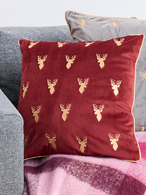 Berry Red Stag Embroidered Velvet Cushion