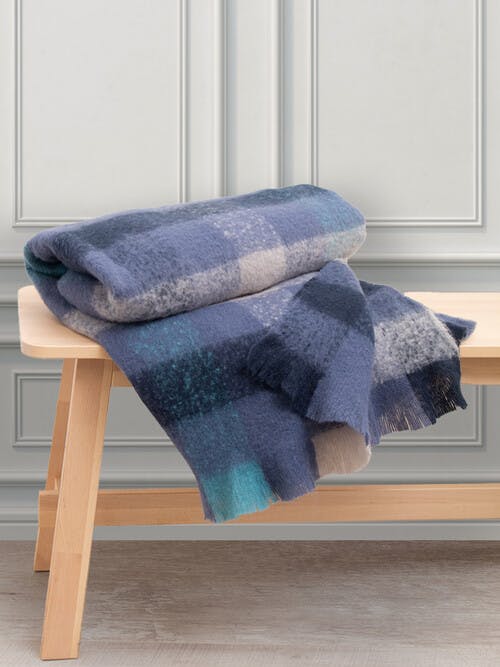 Blue Brushed Check Throw