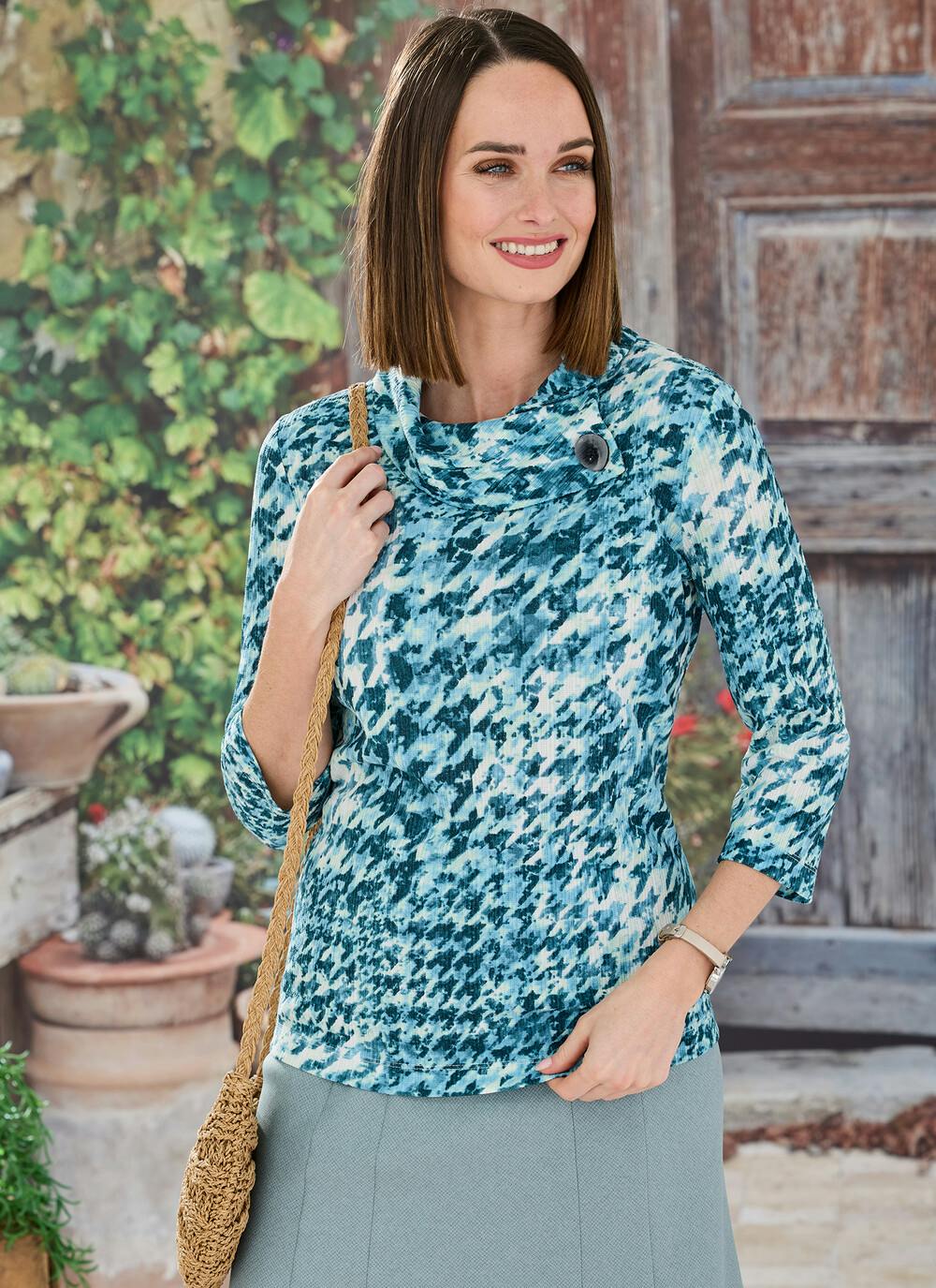 Teal Hounds Tooth Cowl Top | EWM