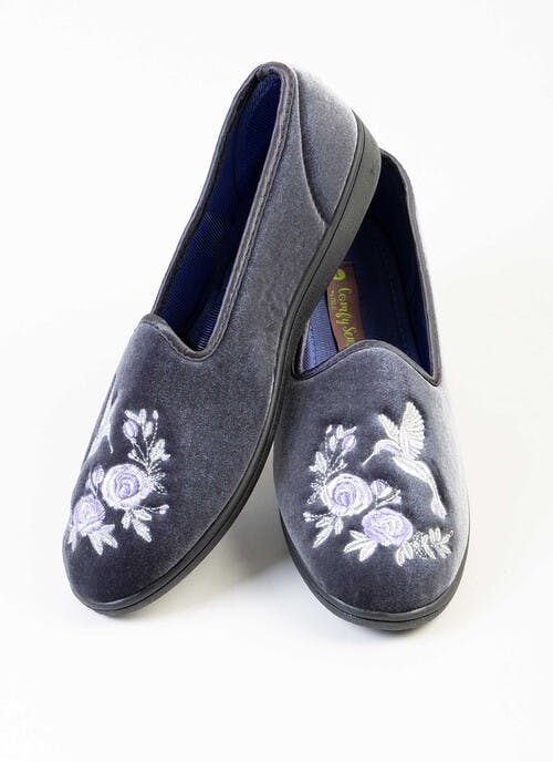 Grey Embroidered Velour Slippers