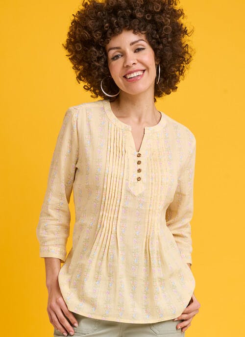 Pure Cotton Crinkle Floral Stripe Blouse 