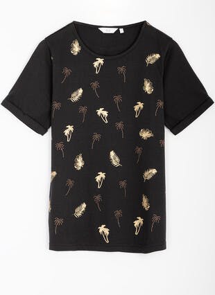Linen Blend All Over Embellished Palm Tree T-Shirt