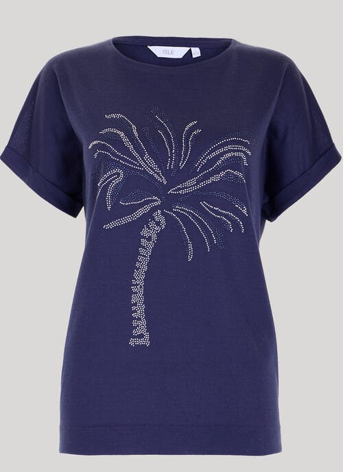 Linen Blend Embellished Palm Tree T-Shirt