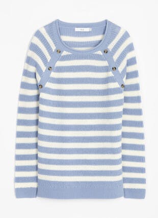 Button Detail Textured Striped Crew Neck Jumper