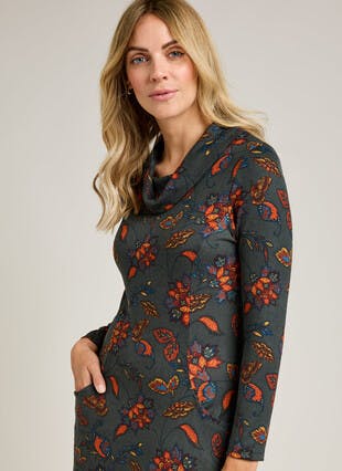 Warm Handle Cowl Neck Printed Dress