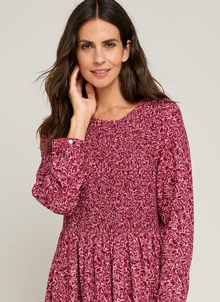 Shirred Round Neck Printed Midi Dress