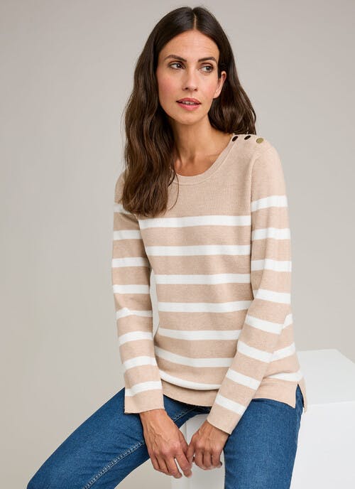 Button Detail Striped Crew Neck Jumper