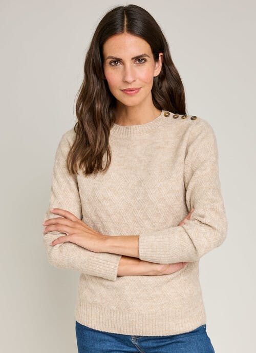 Button Detail Textured Crew Neck Jumper