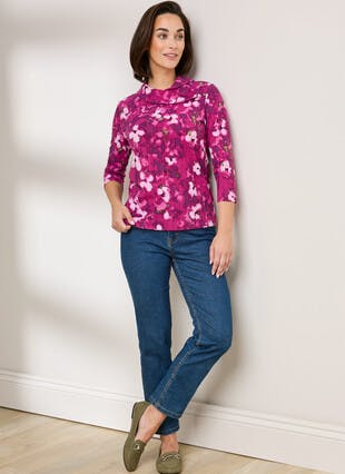 Textured Print Cowl Neck Top