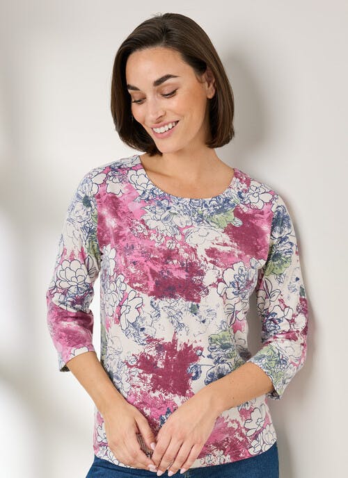Soft Touch Pearl Trim Print Top 