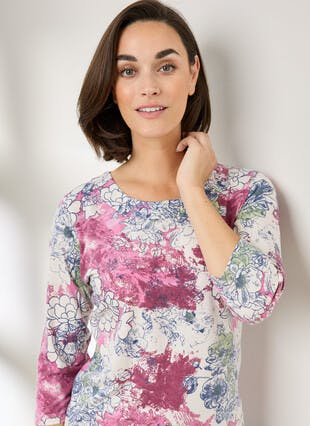 Soft Touch Pearl Trim Print Top 