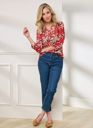 Warm Touch Jersey V Neck Print Top