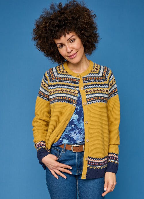 Wool Blend Yoke Fairisle Crew Neck Cardigan