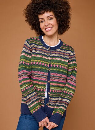 Wool Blend Fairisle Crew Neck Cardigan