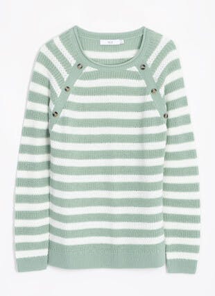 Button Detail Textured Striped Crew Neck Jumper