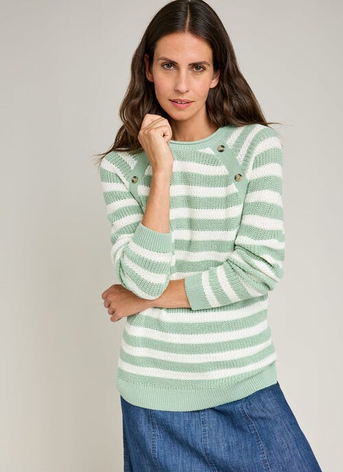 Button Detail Textured Striped Crew Neck Jumper