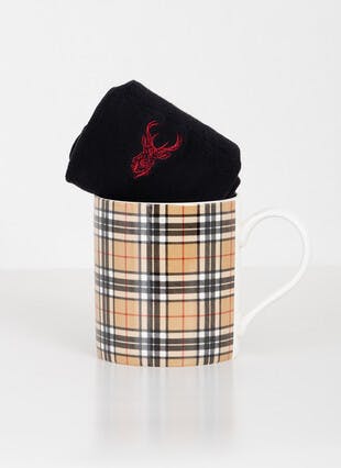 Camel Thompson Check Mug & Embroidered Sock Set