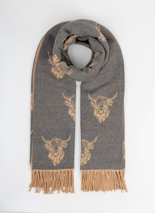 Highland Cow Super Soft Scarf - Camel/Grey