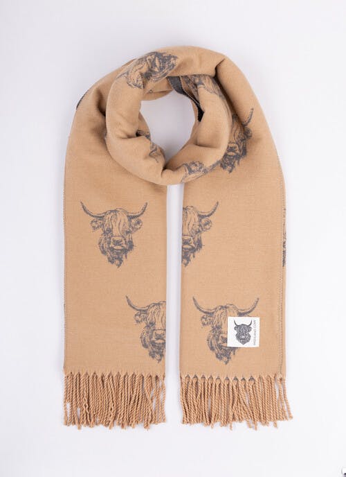 Highland Cow Super Soft Scarf - Camel/Grey
