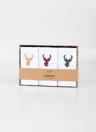 3Pk Embroidered Stag Hankies In Gift Box