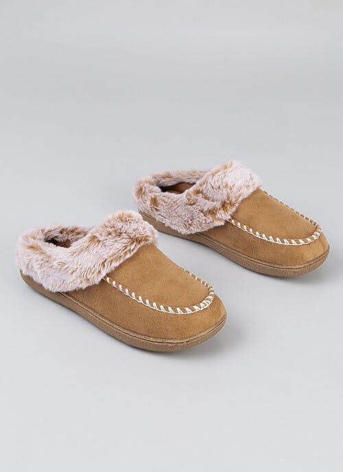 Faux Fur Lined Whip Stich Detail Mule Slippers