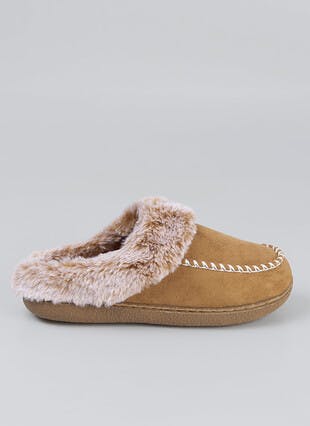 Faux Fur Lined Whip Stich Detail Mule Slippers