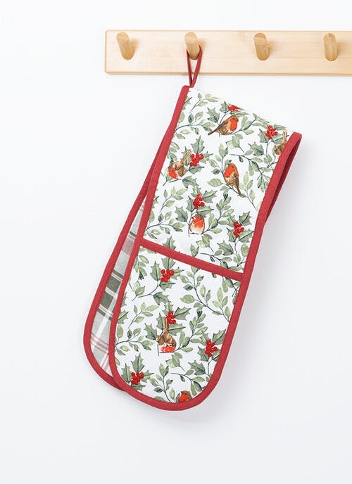 Robin Print Cotton Red Double Oven Gloves
