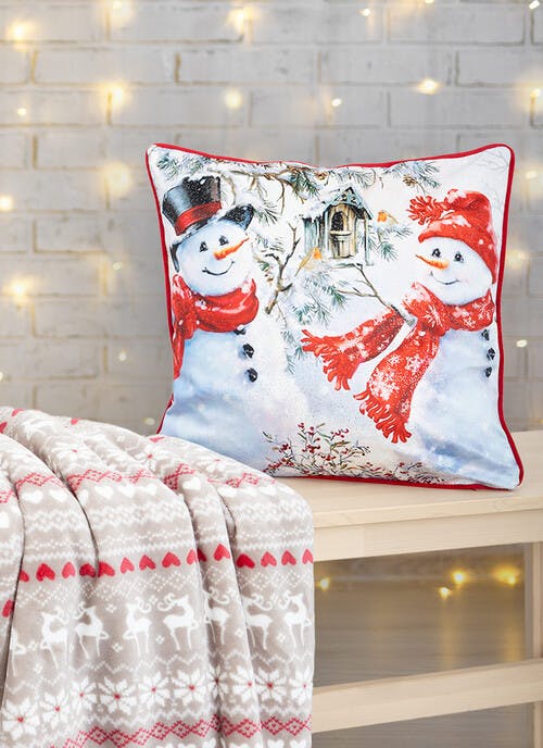 Snowmen Print Velvet Red Cushion