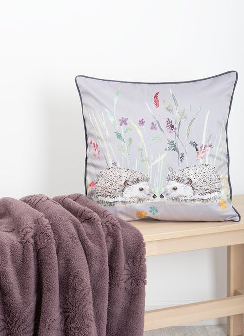 Hedgehog Print Velvet Grey Cushion