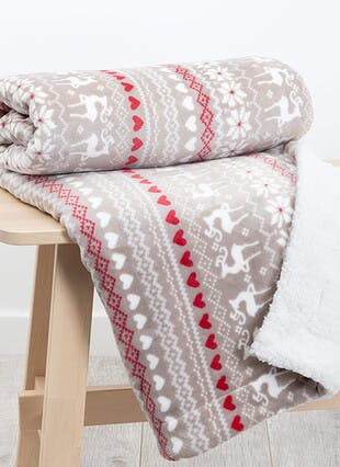 Stag Fairisle Sherpa Fleece Grey Throw