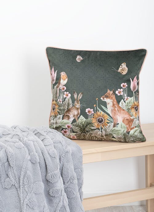 Woodland Animals Print Velvet Green Cushion
