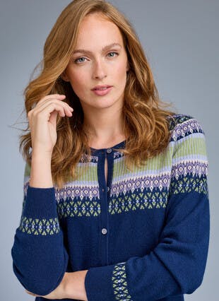 Pure Cashmere Yoke Fairisle Crew Neck Cardigan