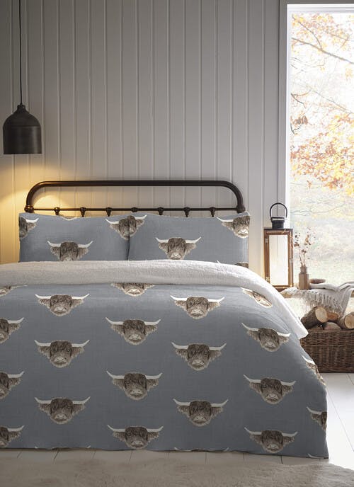 Cowan Highland Cow Print Fleece Grey Duvet Set