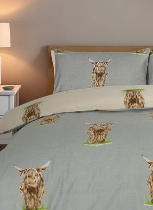 Brodie Highland Cow Print Brushed Grey Pillowcase Set