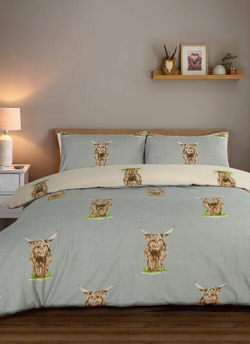 Brodie Highland Cow Print Brushed Grey Duvet Set