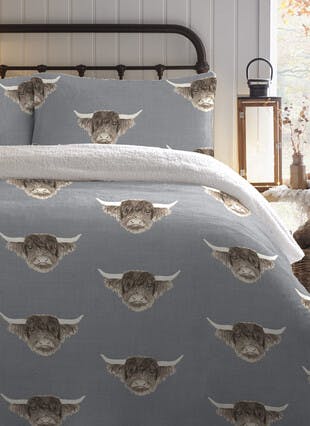 Cowan Highland Cow Print Fleece Grey Duvet Set