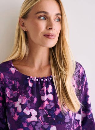 Warm Touch Pearl Trim Print Top 