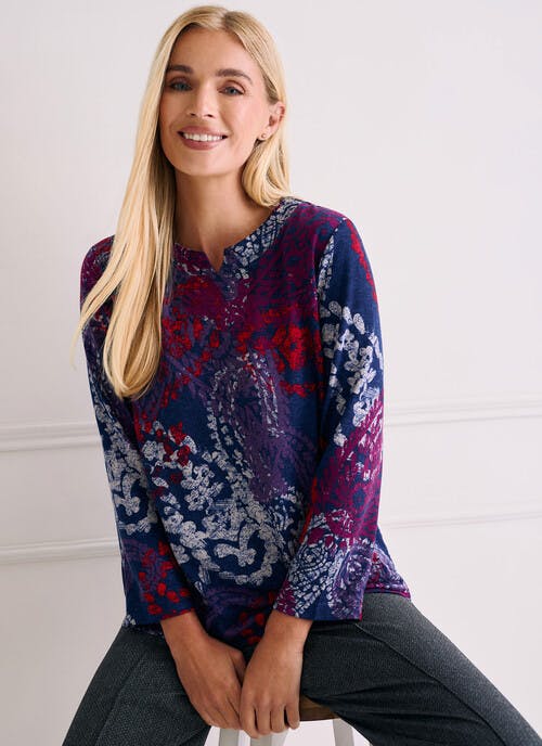 Notch Neck Warm Touch Paisley Print Top
