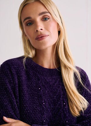 Chenille Embellished Cable Knit Jumper