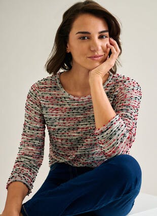 Cotton Blend Textured Crew Neck Top