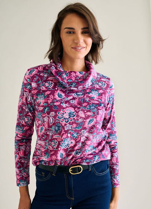 Velour Printed Cowl Neck Top