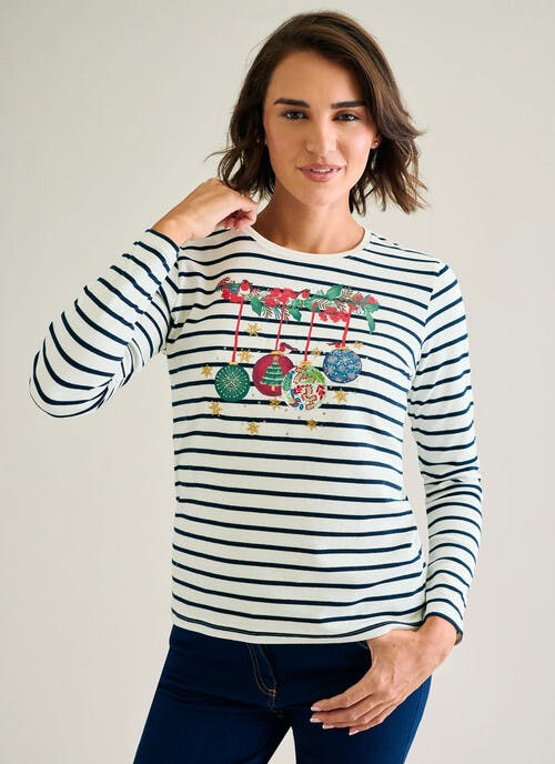 Pure Cotton Striped Holly and Baubles Christmas Top