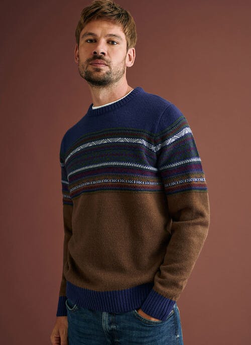 Fairisle Yoke Crew Neck Jumper With Wool